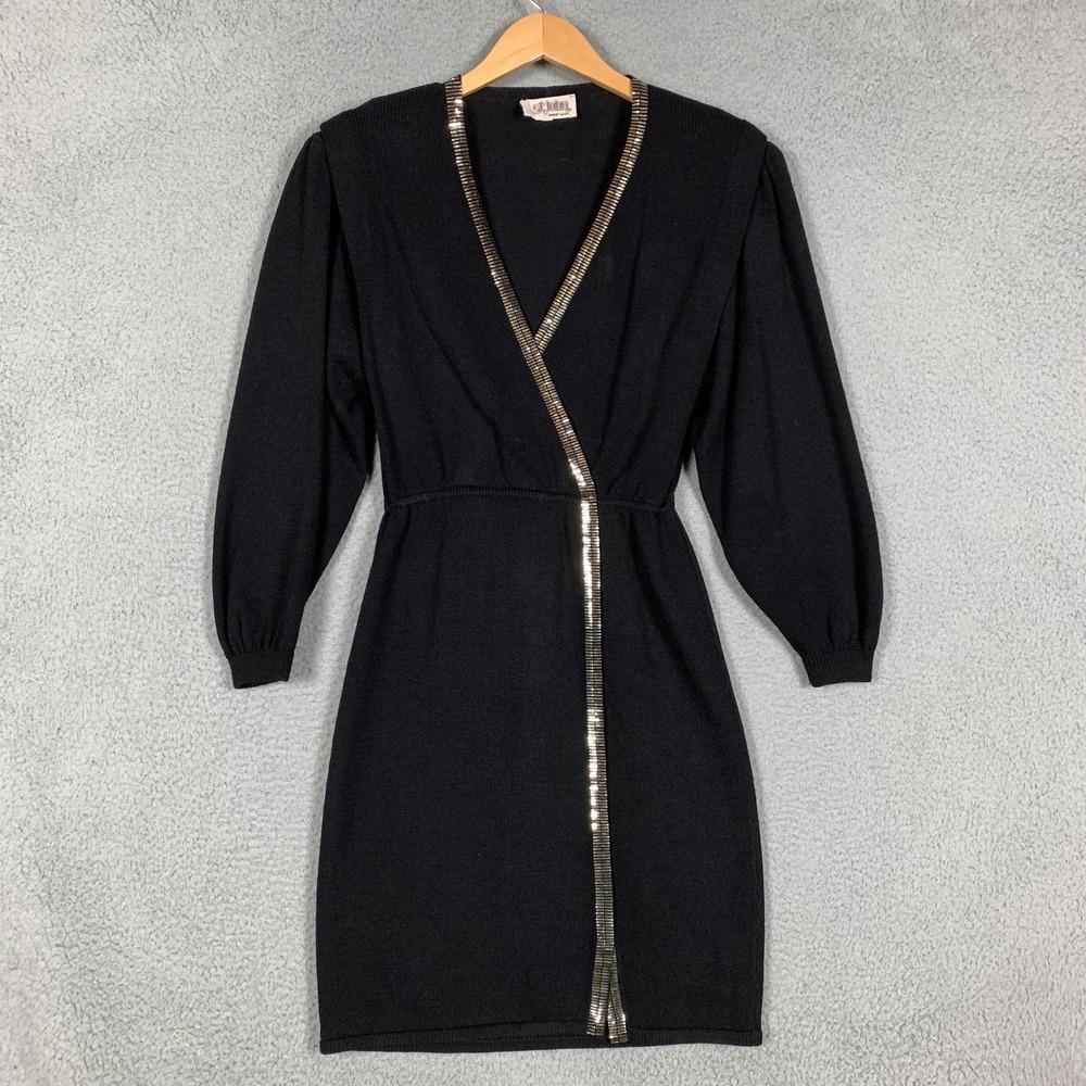 St. John Paillettes Shimmer Dress 4 Santana‎ Knit Sheath Midi Black Vintage 80s